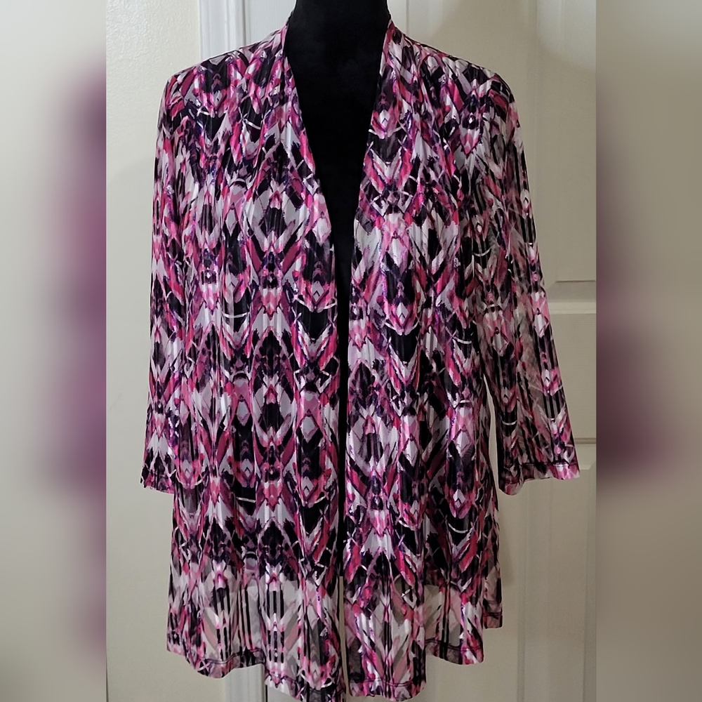 Jones Studio Open Front Geometric Pattern 3/4 Sleeves Cardigan Pink/Black Size L